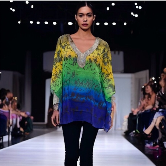 Joan Boyce Multi Color Chiffon Tunic V-Neck w/Silver Beaded Trim Missy NWT $99 - Picture 2 of 15